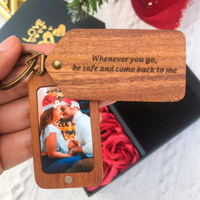 Wooden Engraved Photo Keychain.